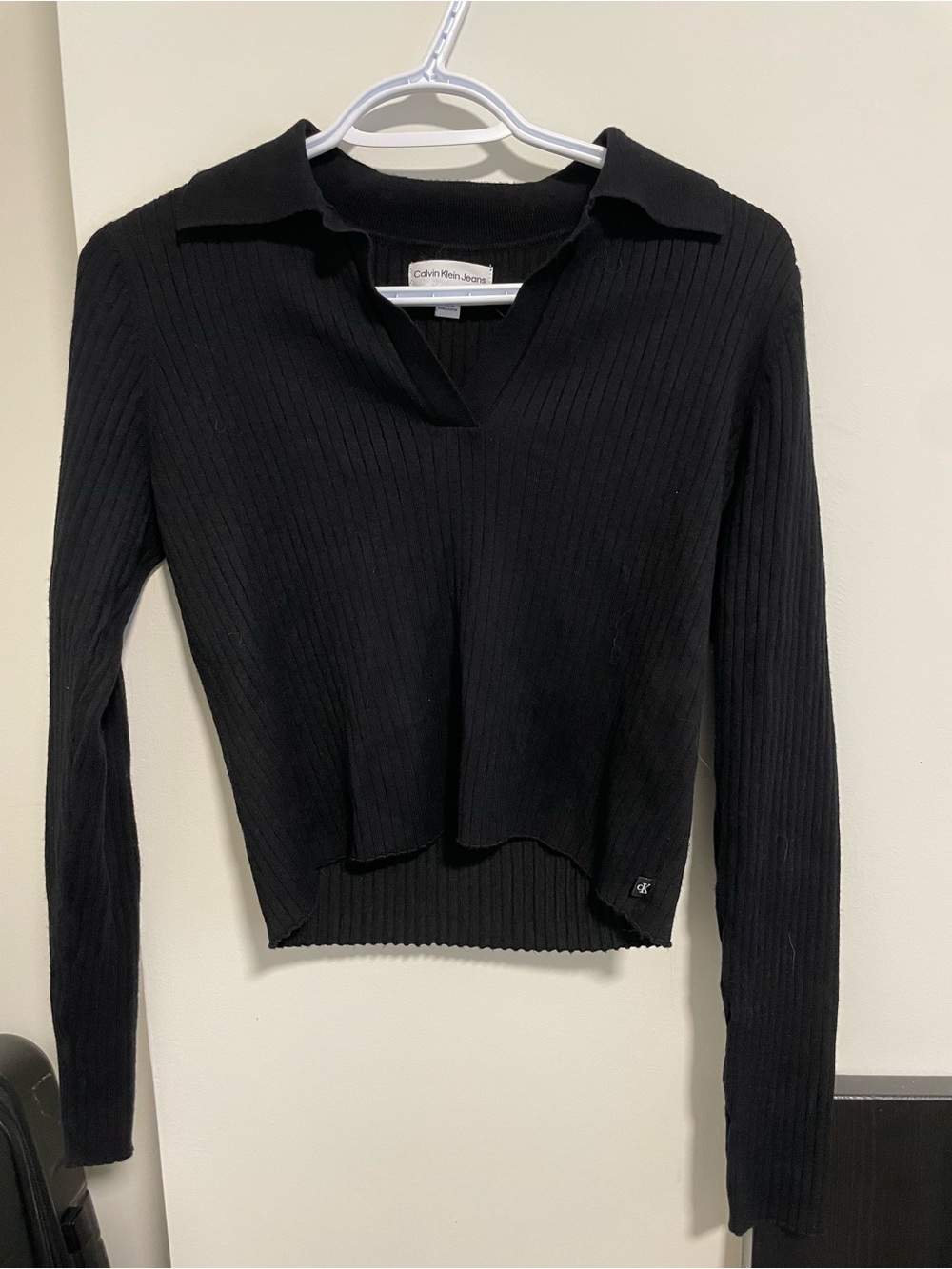 3 Calvin Klein Jeans Black Ribbed Collared Long-Sleeve Top
